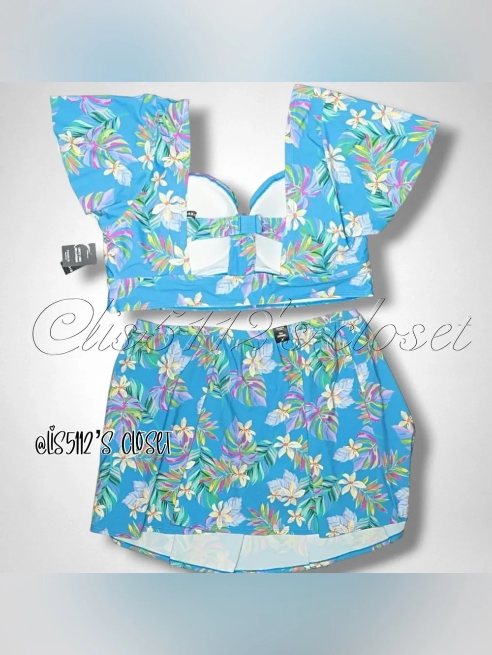 Torrid Blue Lush Tropical Wireless Bikini Top & Swim Skort Swimsuit SET 3X 22 24